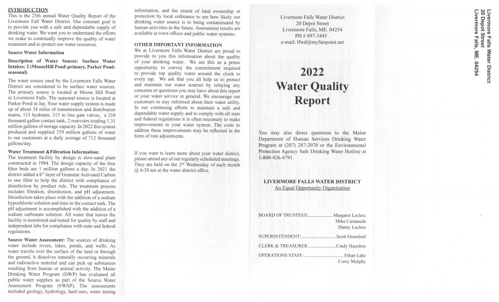 2022 Water Quality Report Town of Livermore Falls